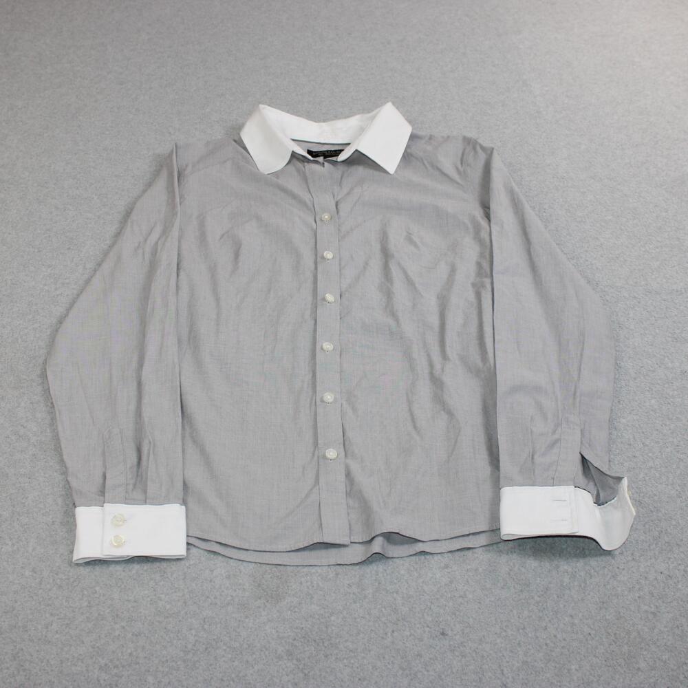 Banana Republic Shirt Women 12 Gray Non Iron Fitted Contrast Collar Cuff Stretch